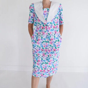 Vintage D'Allaird'S White w Blue Pink Floral Button Front Midi Dress Cottagecore